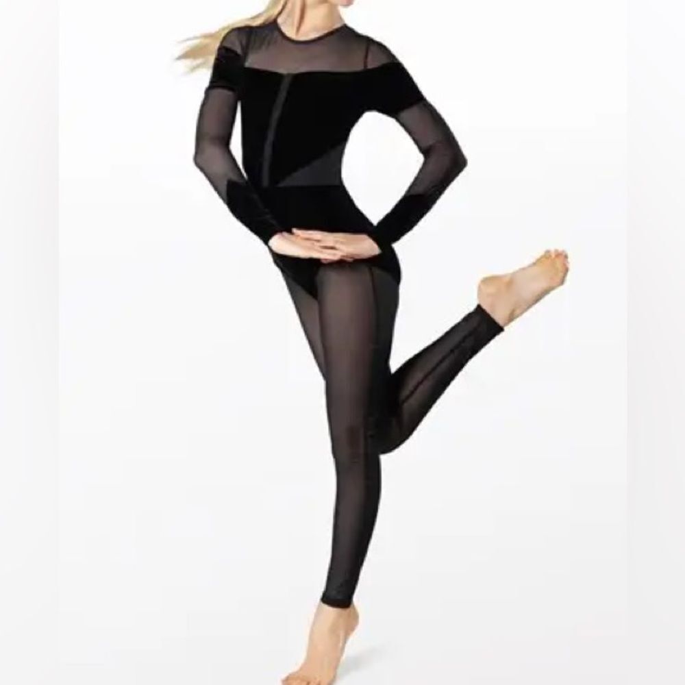 WEISSMAN Elite Dance Costume black Velvet Illusion Unitard rhinestone V12241 MA
